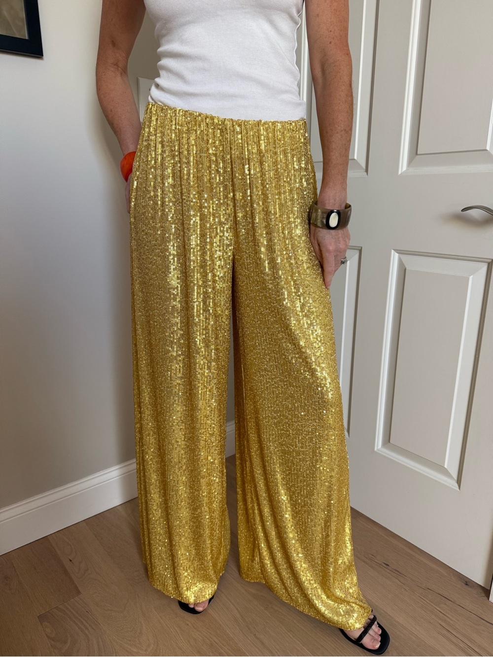 Norma Kamali Gold Sequinned Wide-Leg Trouser Pants Beaded Maximalist Occasion
